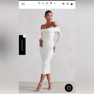 Club L London White Off-Shoulder Ruched Long Sleeve Midi Dress